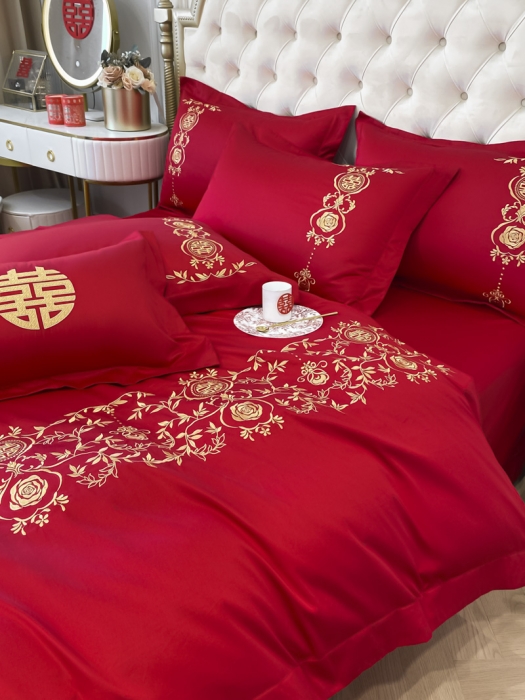 91家纺网 家纺一手货源 找家纺 欧乐蒂 2025新款全棉婚庆四件套 喜事连连