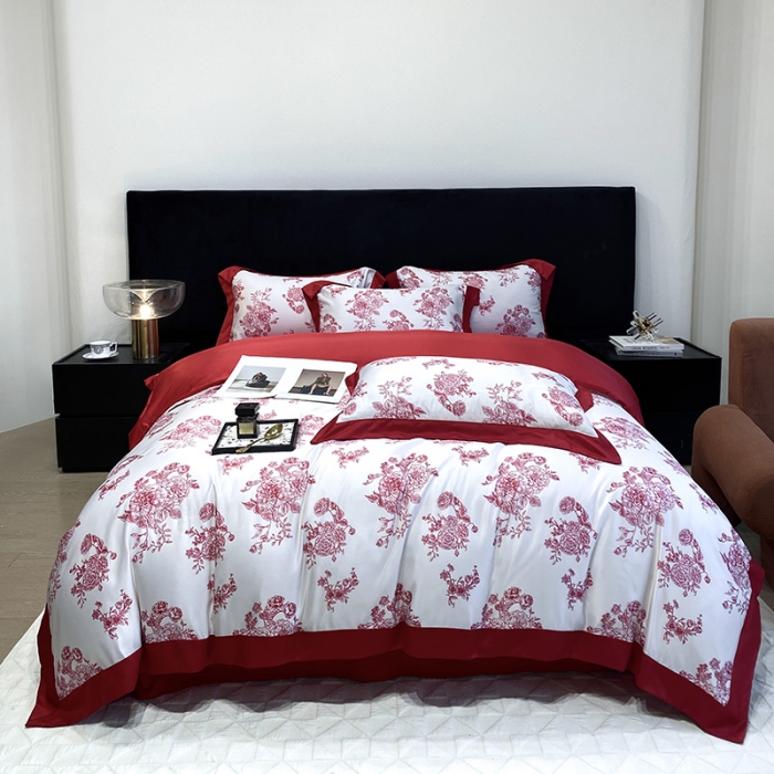 91家纺网 家纺一手货源 找家纺 优悦 2023新款轻奢磨毛四件套-花玉成妆 花玉成妆-红