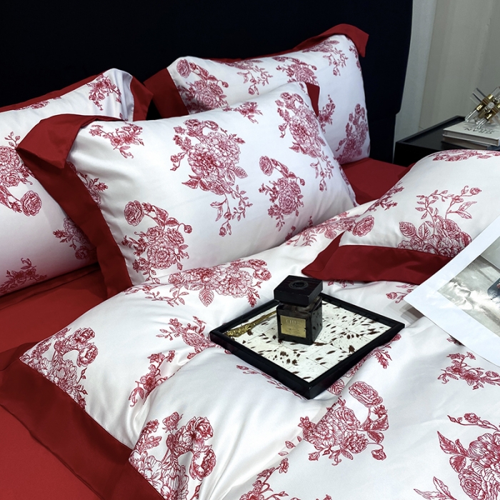 91家纺网 家纺一手货源 找家纺 优悦 2023新款轻奢磨毛四件套-花玉成妆 花玉成妆-红