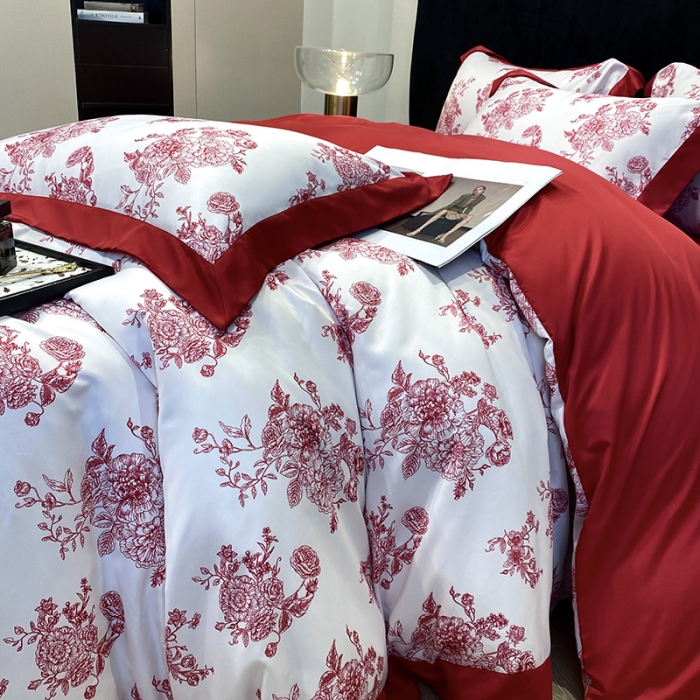 91家纺网 家纺一手货源 找家纺 优悦 2023新款轻奢磨毛四件套-花玉成妆 花玉成妆-红