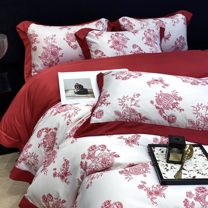 91家纺网 家纺一手货源 找家纺 优悦 2023新款轻奢磨毛四件套-花玉成妆 花玉成妆-红