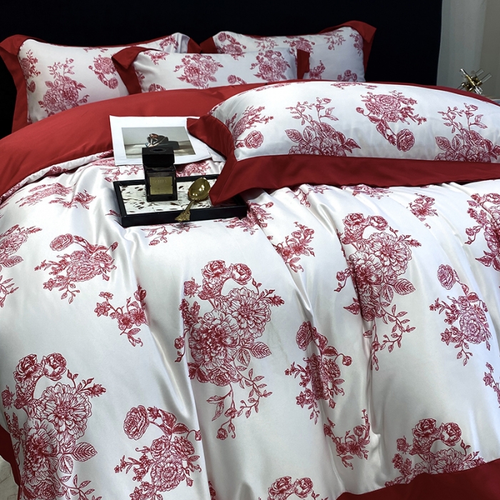 91家纺网 家纺一手货源 找家纺 优悦 2023新款轻奢磨毛四件套-花玉成妆 花玉成妆-红