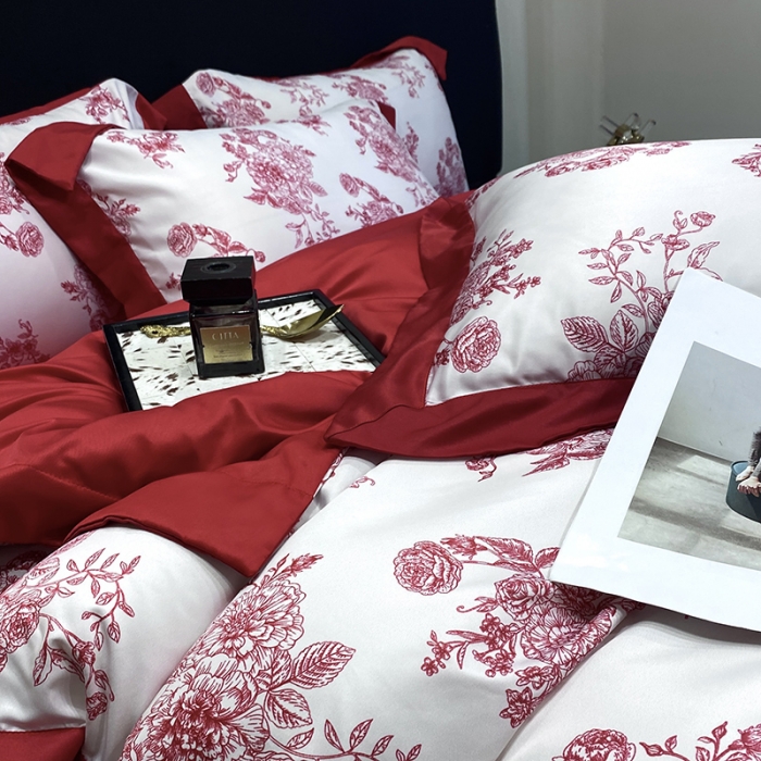 91家纺网 家纺一手货源 找家纺 优悦 2023新款轻奢磨毛四件套-花玉成妆 花玉成妆-红
