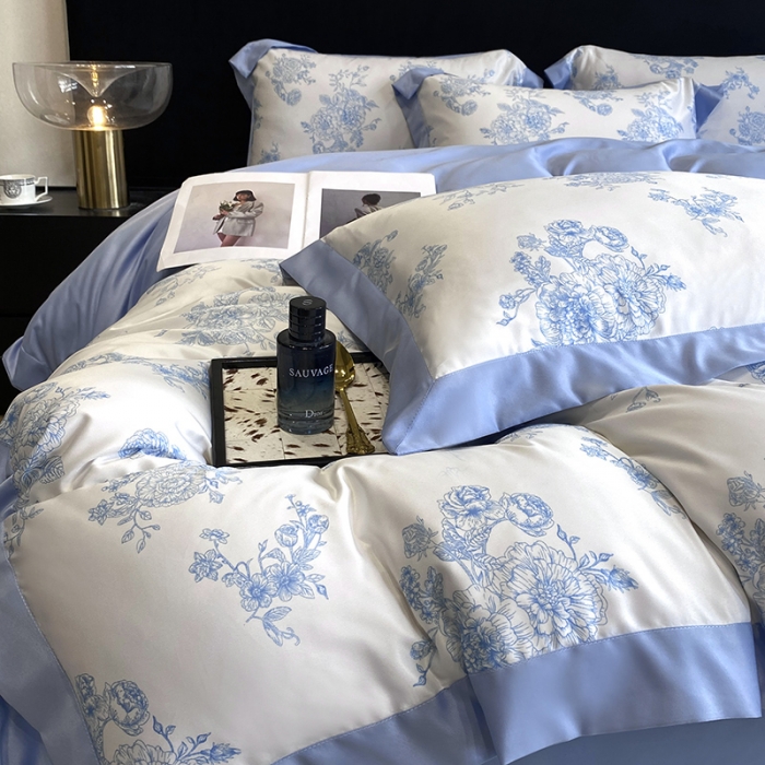 91家纺网 家纺一手货源 找家纺 优悦 2023新款轻奢磨毛四件套-花玉成妆 花玉成妆-蓝