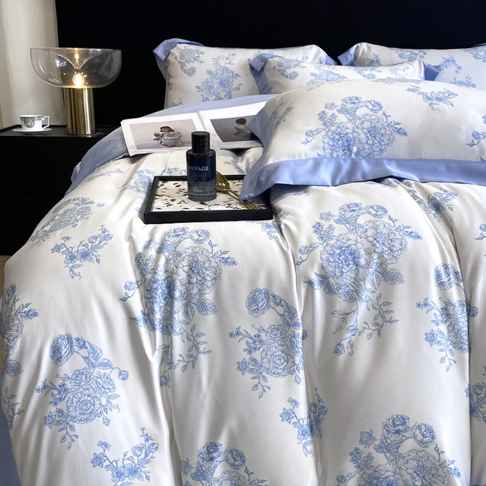 91家纺网 家纺一手货源 找家纺 优悦 2023新款轻奢磨毛四件套-花玉成妆 花玉成妆-蓝