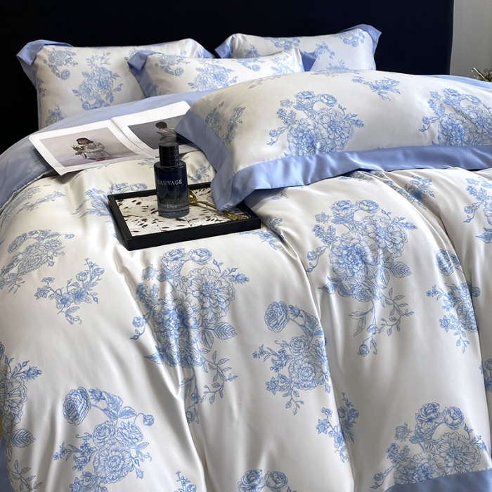 91家纺网 家纺一手货源 找家纺 优悦 2023新款轻奢磨毛四件套-花玉成妆 花玉成妆-蓝