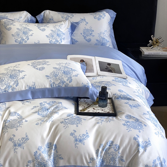 91家纺网 家纺一手货源 找家纺 优悦 2023新款轻奢磨毛四件套-花玉成妆 花玉成妆-蓝