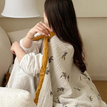 91家纺网 家纺一手货源 找家纺 麻依 2023新款韩系风全棉长绒棉四层纱布床盖纯棉毛巾被橄榄果