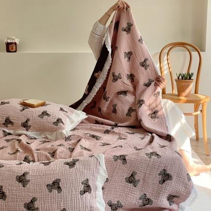 91家纺网 家纺一手货源 找家纺 麻依 2023新款韩系风全棉长绒棉四层纱布床盖纯棉毛巾被韩国熊-粉色