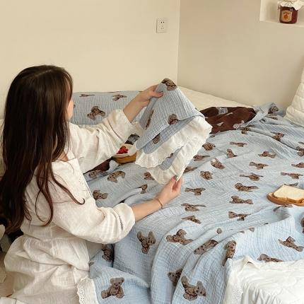 91家纺网 家纺一手货源 找家纺 麻依 2023新款韩系风全棉长绒棉四层纱布床盖纯棉毛巾被韩国熊-蓝