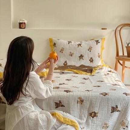 91家纺网 家纺一手货源 找家纺 麻依 2023新款韩系风全棉长绒棉四层纱布床盖纯棉毛巾被可多熊