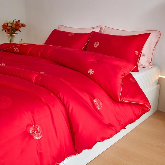 91家纺网 家纺一手货源 找家纺 新款 100支天丝棉大提花蚕丝大豆被婚庆结婚喜庆大红秋冬被芯婚庆被 百年好合红色