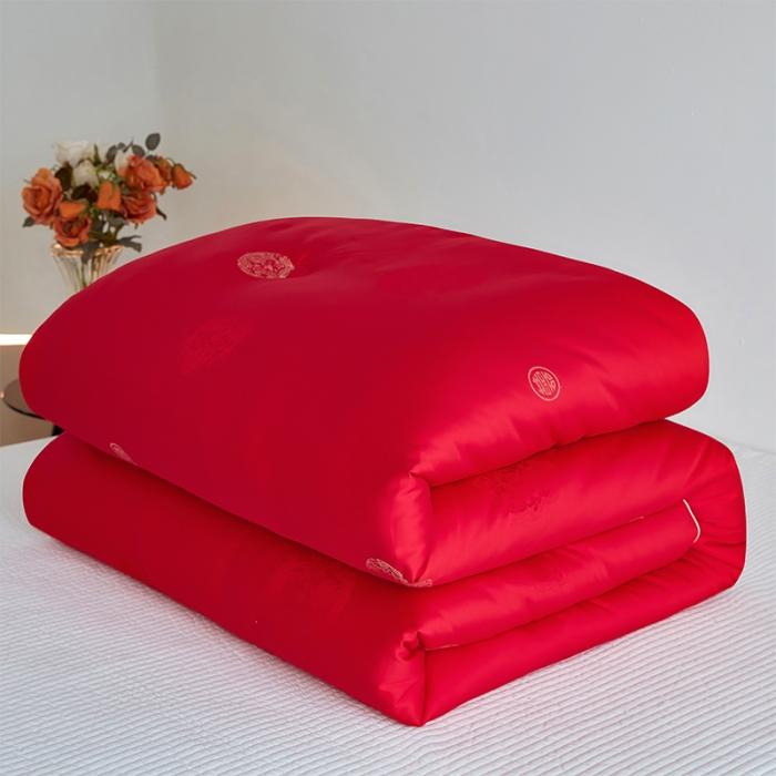91家纺网 家纺一手货源 找家纺 新款 100支天丝棉大提花蚕丝大豆被婚庆结婚喜庆大红秋冬被芯婚庆被 百年好合红色