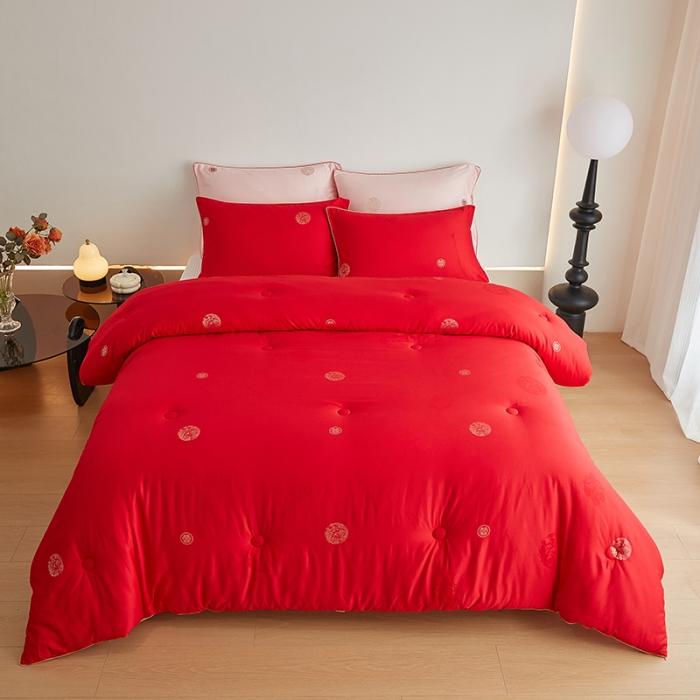 91家纺网 家纺一手货源 找家纺 新款 100支天丝棉大提花蚕丝大豆被婚庆结婚喜庆大红秋冬被芯婚庆被 百年好合红色
