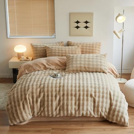 91家纺网 家纺一手货源 找家纺 宜派家 2023新款加厚立体方格兔毛绒保暖四件套泡泡-棕