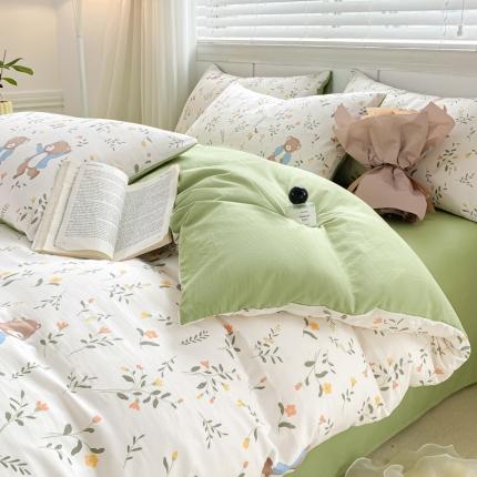 91家纺网 家纺一手货源 找家纺 总雅阁尔新款直播爆款母婴级水洗棉双层纱四件套小碎花被套床笠款三件套