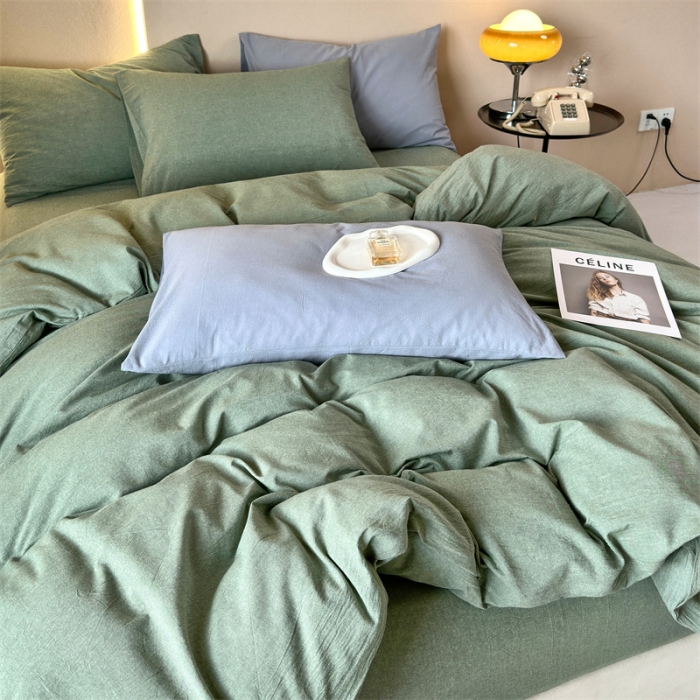 91家纺网 家纺一手货源 找家纺 三沁 2023新款直播爆款A类全棉纯棉水洗棉简约无印风纯色四件套 豆绿
