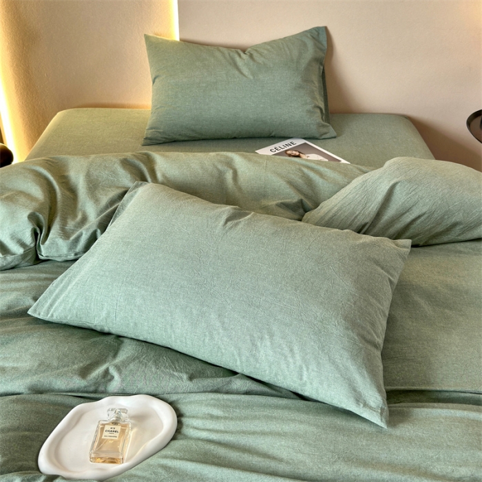91家纺网 家纺一手货源 找家纺 三沁 2023新款直播爆款A类全棉纯棉水洗棉简约无印风纯色四件套 豆绿