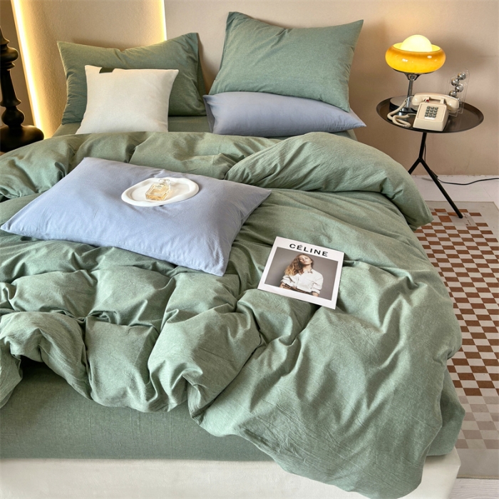91家纺网 家纺一手货源 找家纺 三沁 2023新款直播爆款A类全棉纯棉水洗棉简约无印风纯色四件套 豆绿