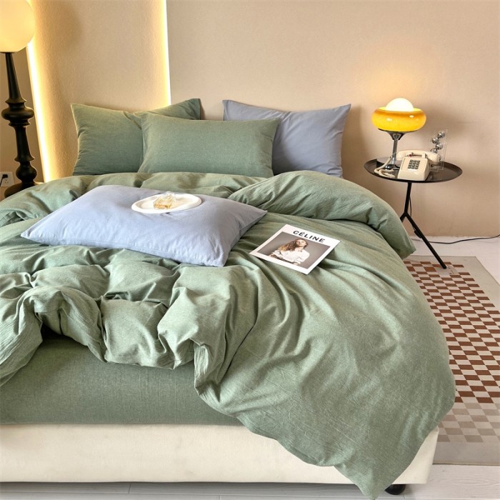91家纺网 家纺一手货源 找家纺 三沁 2023新款直播爆款A类全棉纯棉水洗棉简约无印风纯色四件套 豆绿