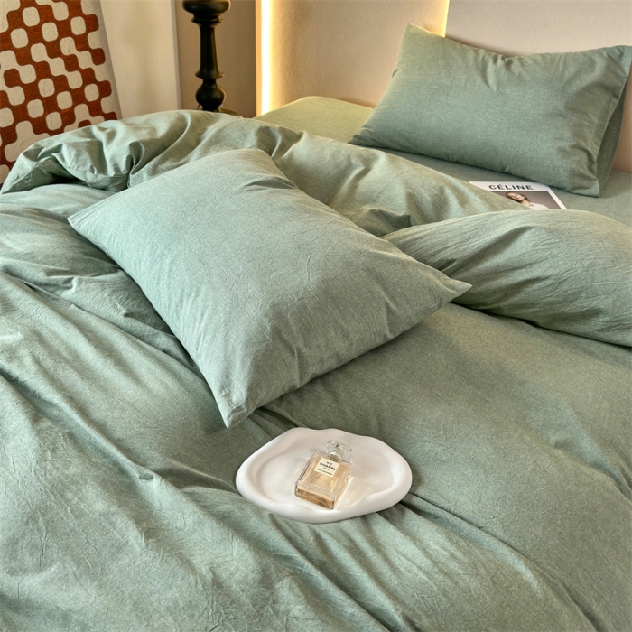 91家纺网 家纺一手货源 找家纺 三沁 2023新款直播爆款A类全棉纯棉水洗棉简约无印风纯色四件套 豆绿