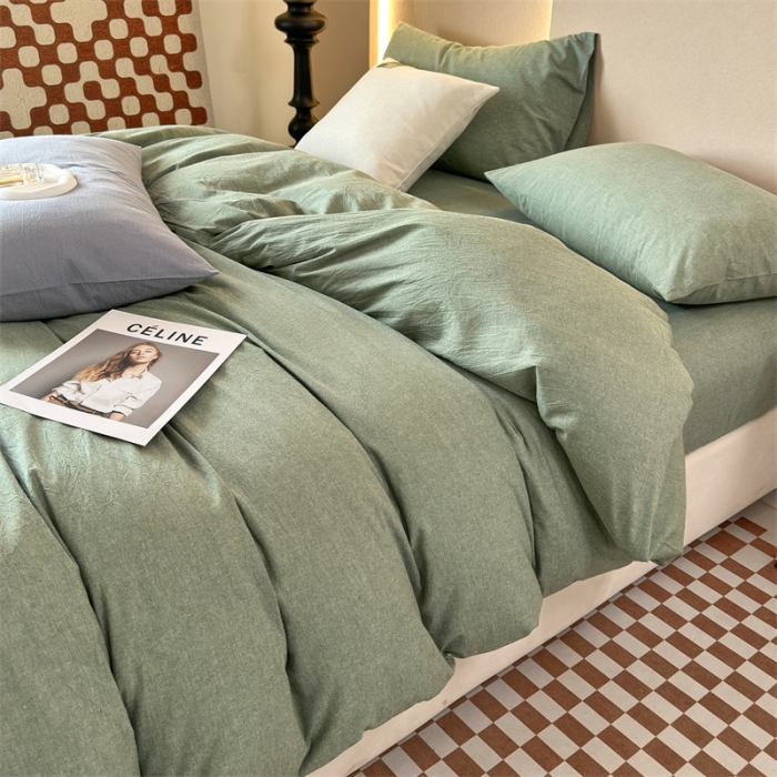 91家纺网 家纺一手货源 找家纺 三沁 2023新款直播爆款A类全棉纯棉水洗棉简约无印风纯色四件套 豆绿