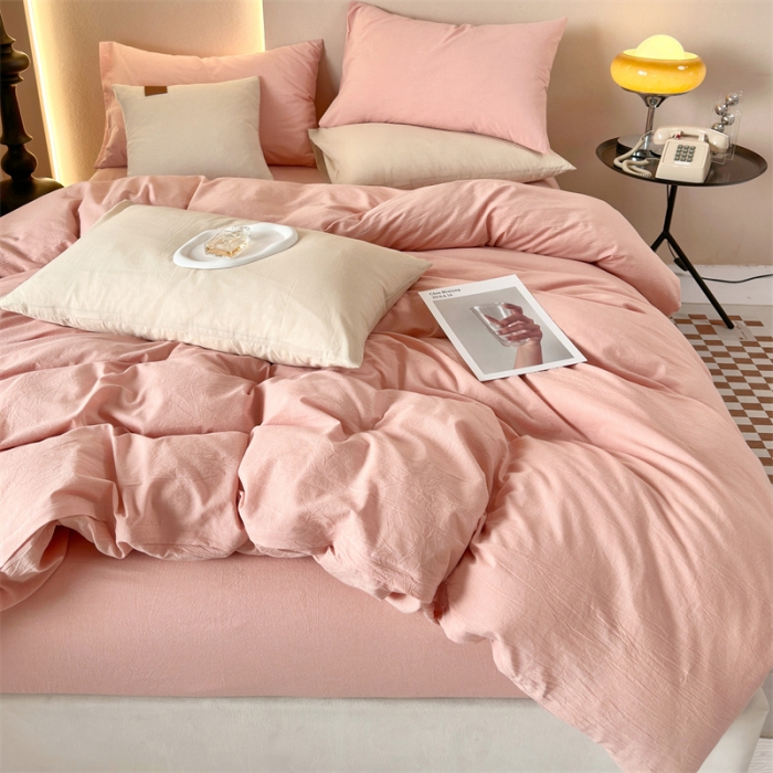 91家纺网 家纺一手货源 找家纺 三沁 2023新款直播爆款A类全棉纯棉水洗棉简约无印风纯色四件套 粉玉