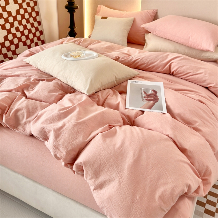 91家纺网 家纺一手货源 找家纺 三沁 2023新款直播爆款A类全棉纯棉水洗棉简约无印风纯色四件套 粉玉