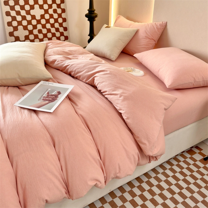 91家纺网 家纺一手货源 找家纺 三沁 2023新款直播爆款A类全棉纯棉水洗棉简约无印风纯色四件套 粉玉