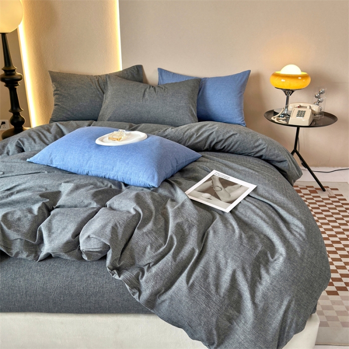 91家纺网 家纺一手货源 找家纺 三沁 2023新款直播爆款A类全棉纯棉水洗棉简约无印风纯色四件套 黑灰