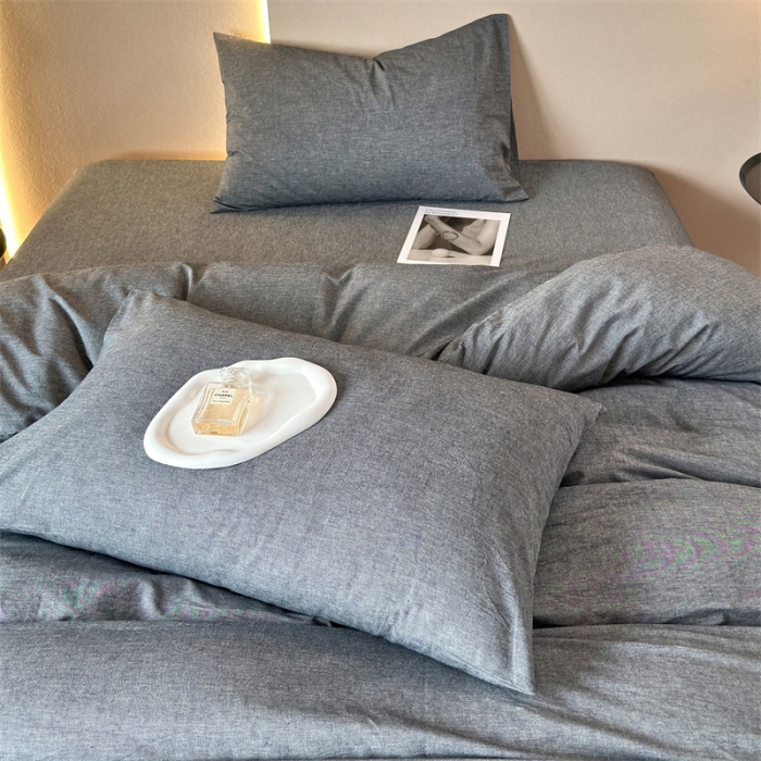 91家纺网 家纺一手货源 找家纺 三沁 2023新款直播爆款A类全棉纯棉水洗棉简约无印风纯色四件套 黑灰