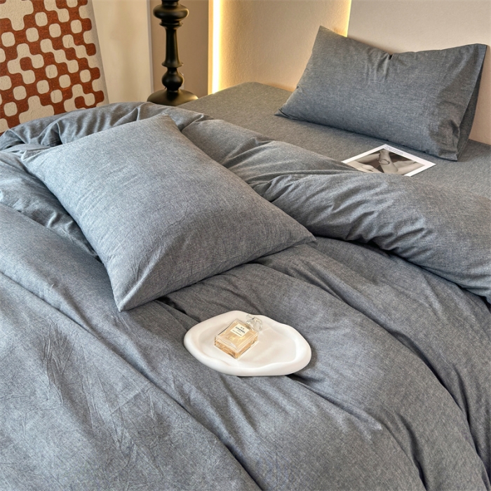 91家纺网 家纺一手货源 找家纺 三沁 2023新款直播爆款A类全棉纯棉水洗棉简约无印风纯色四件套 黑灰