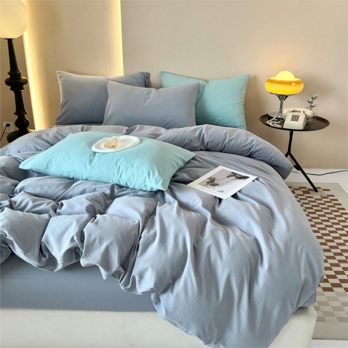 91家纺网 家纺一手货源 找家纺 三沁 2023新款直播爆款A类全棉纯棉水洗棉简约无印风纯色四件套 湖蓝