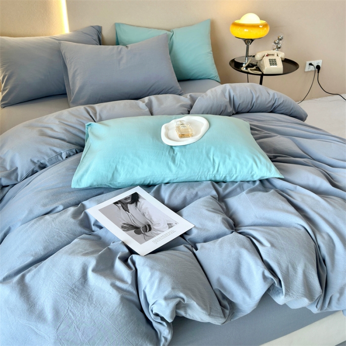 91家纺网 家纺一手货源 找家纺 三沁 2023新款直播爆款A类全棉纯棉水洗棉简约无印风纯色四件套 湖蓝