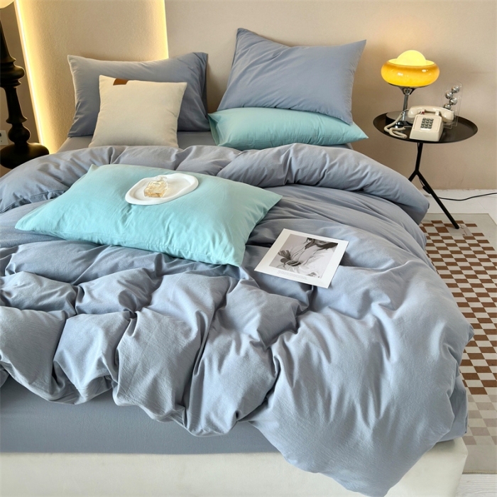 91家纺网 家纺一手货源 找家纺 三沁 2023新款直播爆款A类全棉纯棉水洗棉简约无印风纯色四件套 湖蓝