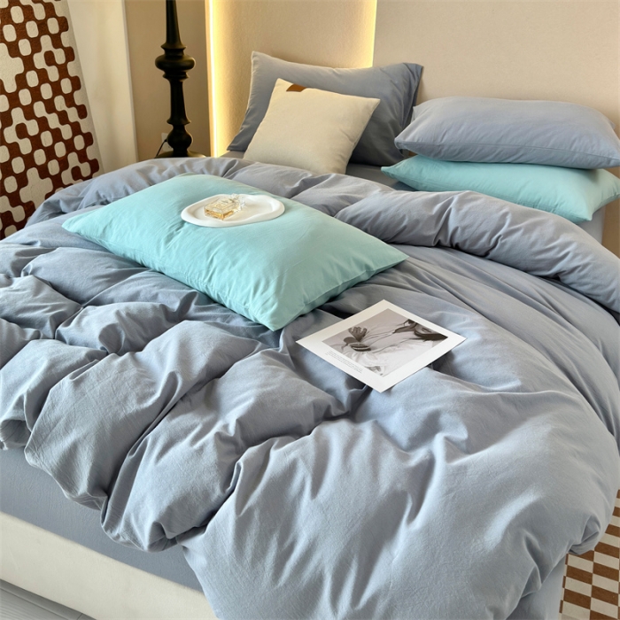 91家纺网 家纺一手货源 找家纺 三沁 2023新款直播爆款A类全棉纯棉水洗棉简约无印风纯色四件套 湖蓝