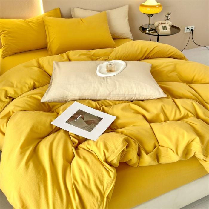 91家纺网 家纺一手货源 找家纺 三沁 2023新款直播爆款A类全棉纯棉水洗棉简约无印风纯色四件套 姜黄