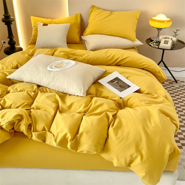 91家纺网 家纺一手货源 找家纺 三沁 2023新款直播爆款A类全棉纯棉水洗棉简约无印风纯色四件套 姜黄