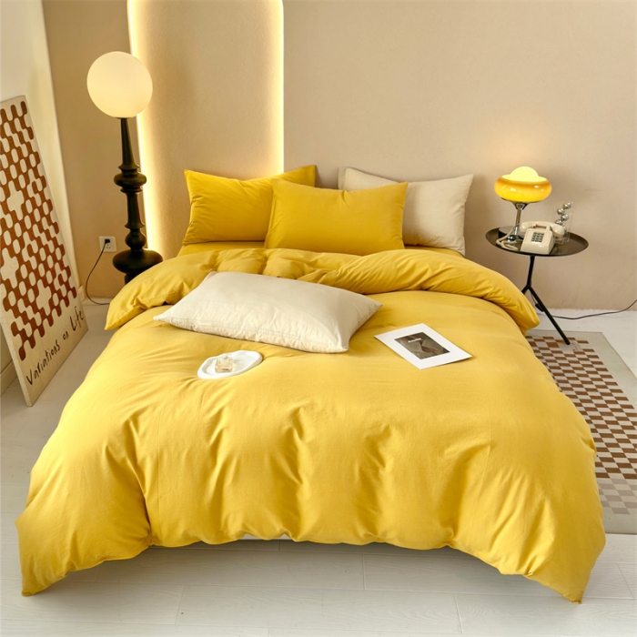 91家纺网 家纺一手货源 找家纺 三沁 2023新款直播爆款A类全棉纯棉水洗棉简约无印风纯色四件套 姜黄