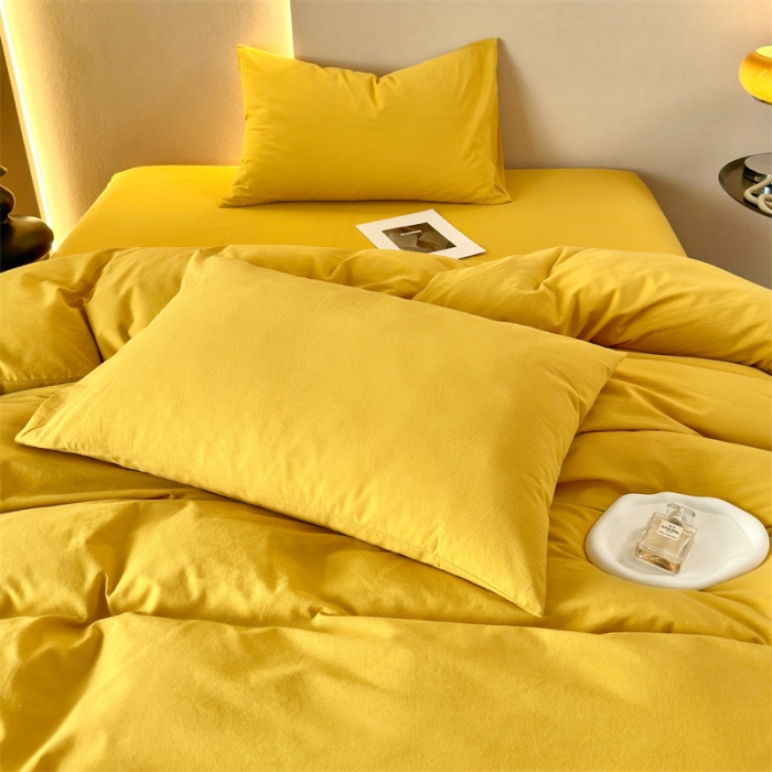 91家纺网 家纺一手货源 找家纺 三沁 2023新款直播爆款A类全棉纯棉水洗棉简约无印风纯色四件套 姜黄