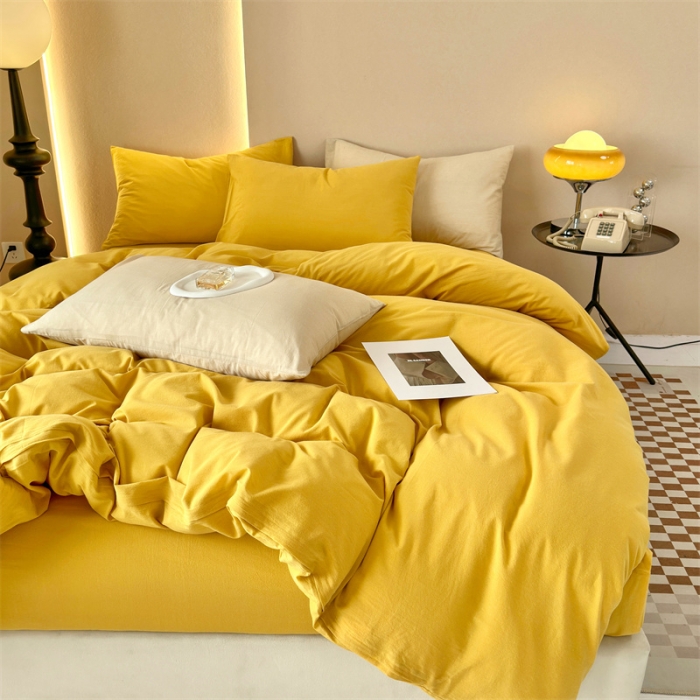 91家纺网 家纺一手货源 找家纺 三沁 2023新款直播爆款A类全棉纯棉水洗棉简约无印风纯色四件套 姜黄