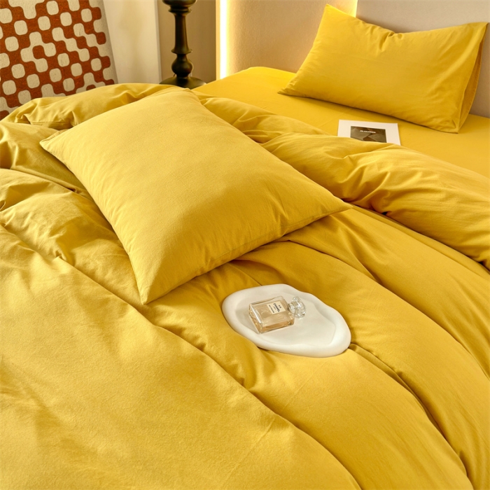 91家纺网 家纺一手货源 找家纺 三沁 2023新款直播爆款A类全棉纯棉水洗棉简约无印风纯色四件套 姜黄