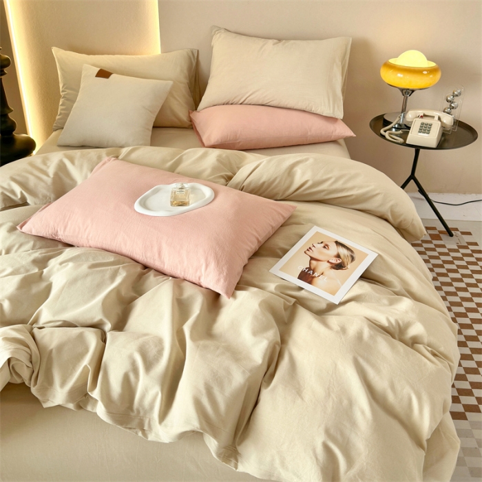 91家纺网 家纺一手货源 找家纺 三沁 2023新款直播爆款A类全棉纯棉水洗棉简约无印风纯色四件套 卡其