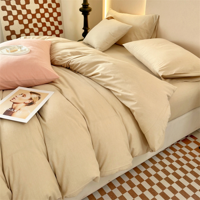 91家纺网 家纺一手货源 找家纺 三沁 2023新款直播爆款A类全棉纯棉水洗棉简约无印风纯色四件套 卡其