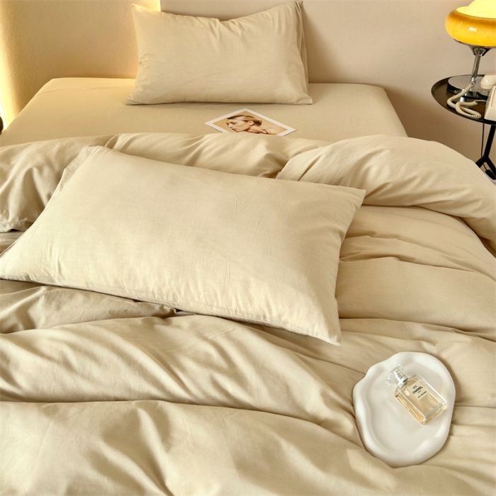 91家纺网 家纺一手货源 找家纺 三沁 2023新款直播爆款A类全棉纯棉水洗棉简约无印风纯色四件套 卡其