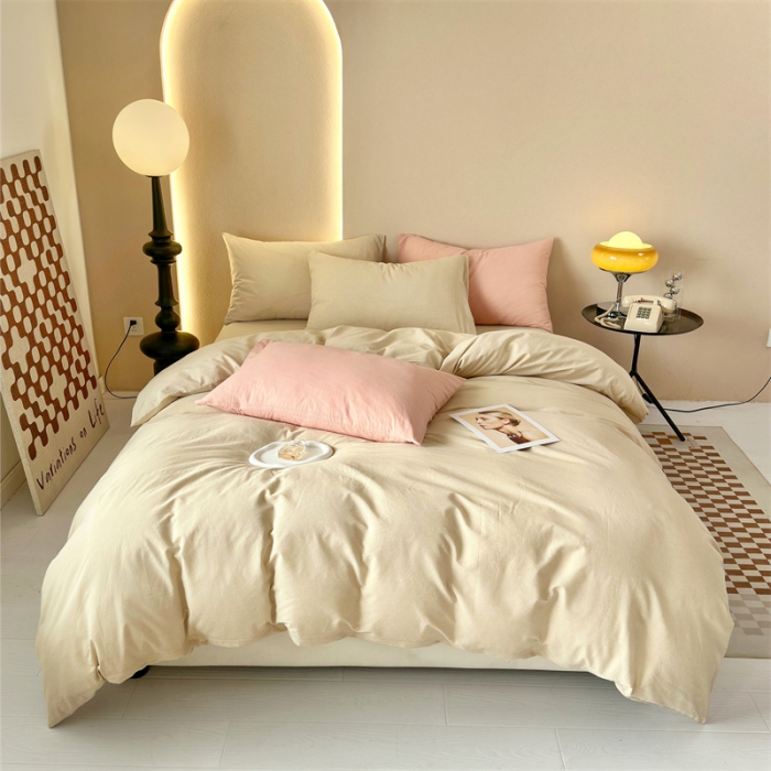 91家纺网 家纺一手货源 找家纺 三沁 2023新款直播爆款A类全棉纯棉水洗棉简约无印风纯色四件套 卡其