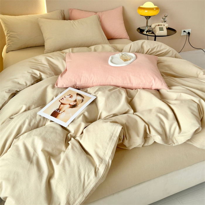 91家纺网 家纺一手货源 找家纺 三沁 2023新款直播爆款A类全棉纯棉水洗棉简约无印风纯色四件套 卡其