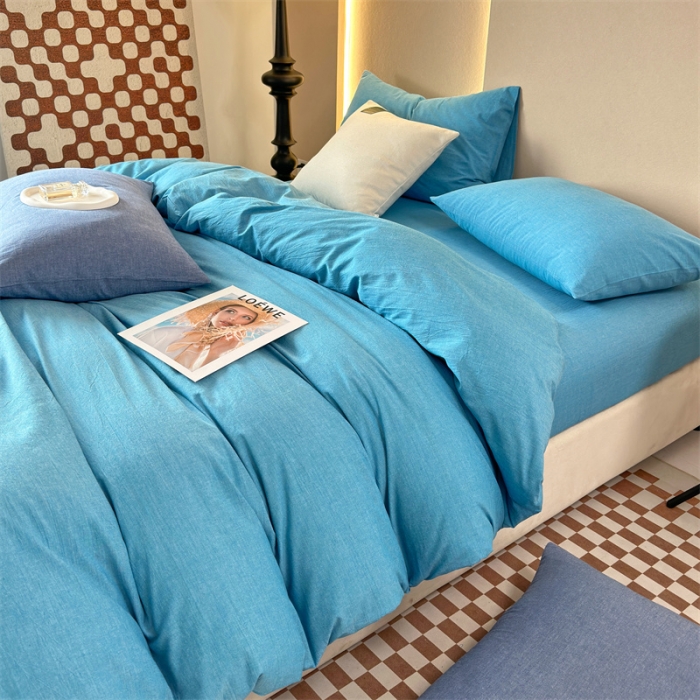 91家纺网 家纺一手货源 找家纺 三沁 新款直播爆款A类全棉纯棉水洗棉简约无印风纯色四件套 克莱因蓝