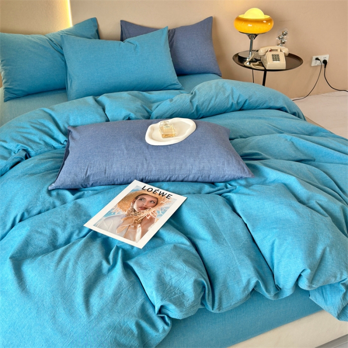 91家纺网 家纺一手货源 找家纺 三沁 新款直播爆款A类全棉纯棉水洗棉简约无印风纯色四件套 克莱因蓝