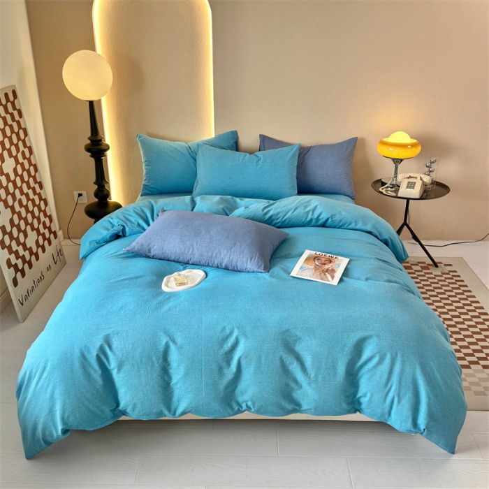 91家纺网 家纺一手货源 找家纺 三沁 新款直播爆款A类全棉纯棉水洗棉简约无印风纯色四件套 克莱因蓝